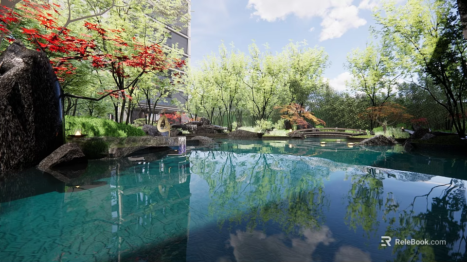 Rockery Stones In Serene Pool With Tree Reflections And Greenery 3d model 