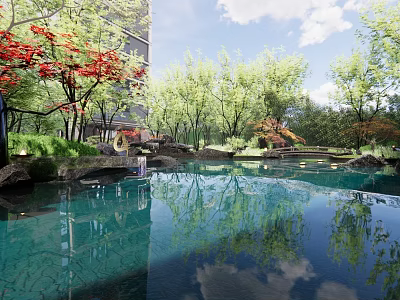 Rockery Stones In Serene Pool With Tree Reflections And Greenery 3d model