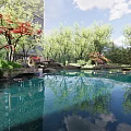 Rockery Stones In Serene Pool With Tree Reflections And Greenery