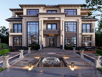 Traditional Detached Villa With Symmetrical Facade Large Windows Courtyard Fountain And Greenery 3d model
