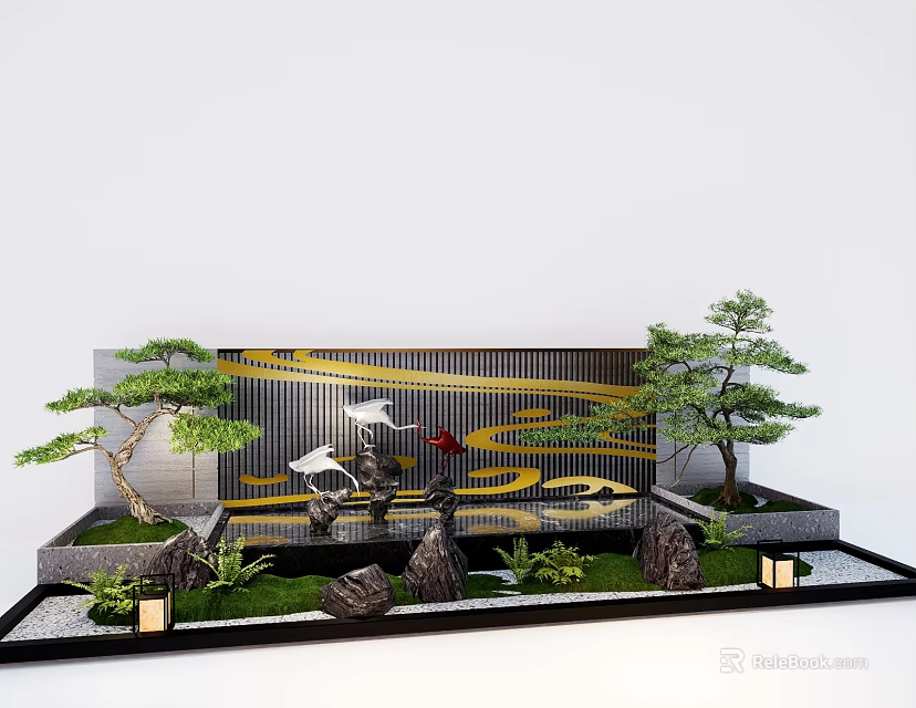 Contemporary Landscape Wall With Golden Stripes Pine Trees Rockery Stones And Water Feature 3d model 
