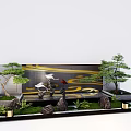 Contemporary Landscape Wall With Golden Stripes Pine Trees Rockery Stones And Water Feature