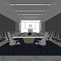 Modern Conference Room Interior With Long Table Gray Walls Chairs And Ceiling Lighting