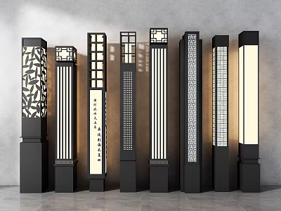 Black Cylindrical Outdoor Lights With Various Cutout Patterns Modern Chinese Style Decorative Design 3d model