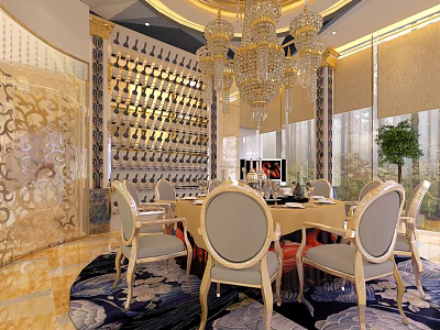 Luxurious Restaurant Dining Space With Crystal Chandelier Wine Rack And Decorative Screen 3d model
