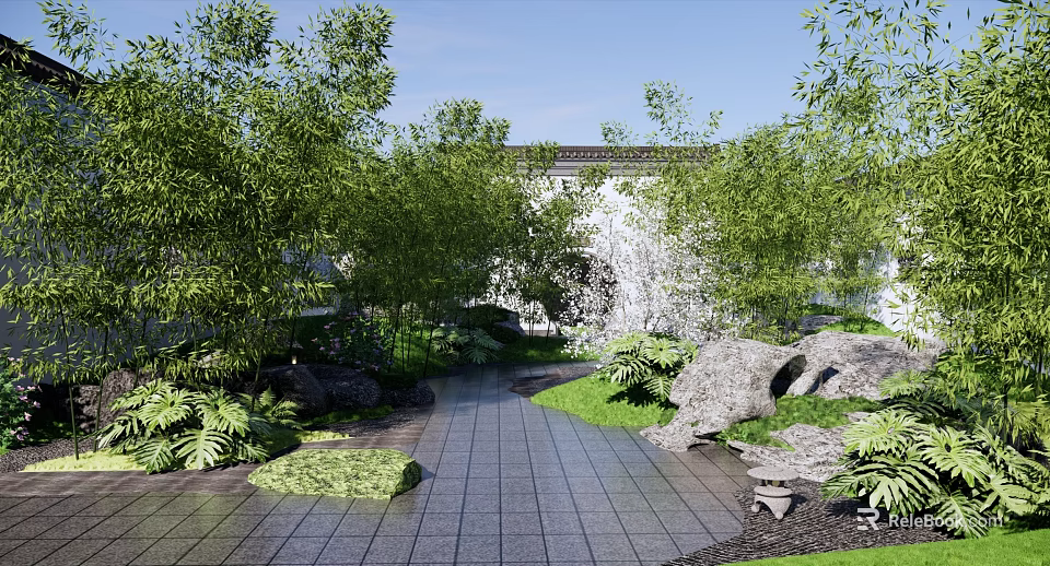 Residential Landscape Featuring Bamboo Trees Stone Path Rock Formations And Greenery 3d model