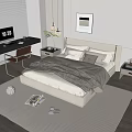 Modern Double Bed Interior with Gray Blanket Pillows Nightstand and Desk