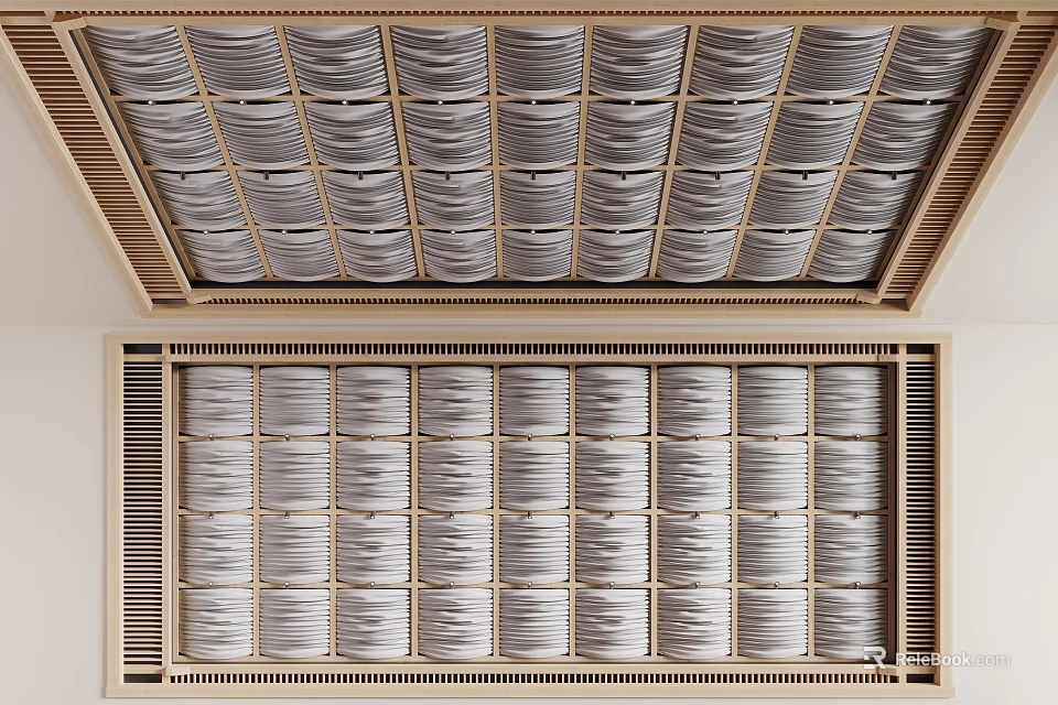 Elegant Modern Ceiling Drapery Design With Grid Frame And Layered Panels 3d model 
