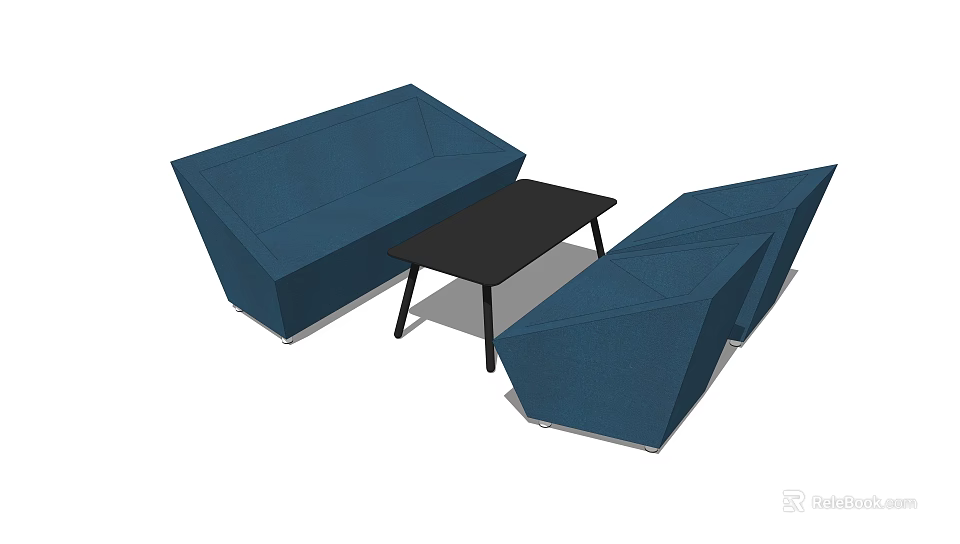 Modern Geometric Blue Sofa and Black Coffee Table Set for Living Room Furniture 3d model 