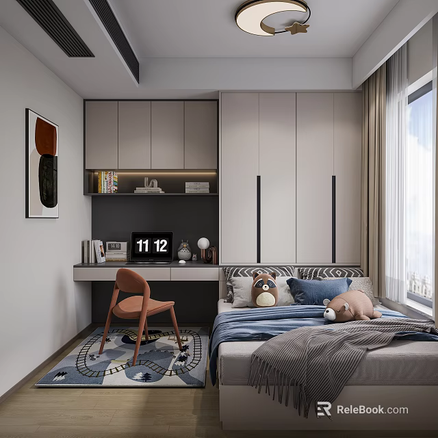 Modern Tatami Bedroom Interior With Bed Writing Desk Orange Chair And Patterned Rug 3d model 