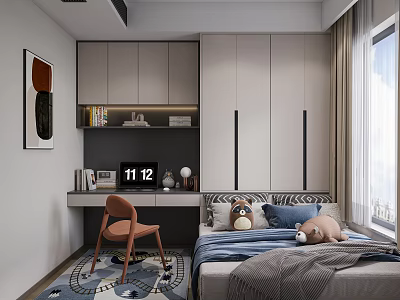 Modern Tatami Bedroom Interior With Bed Writing Desk Orange Chair And Patterned Rug 3d model