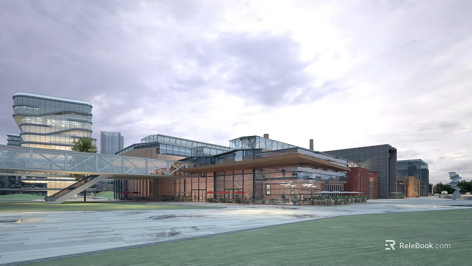 Modern Commercial Street With Glass Facades Wooden Structures And Open Plaza Greenery 3d model 