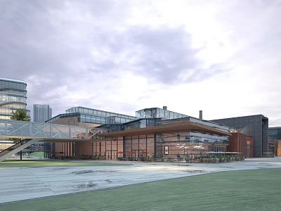 Modern Commercial Street With Glass Facades Wooden Structures And Open Plaza Greenery 3d model