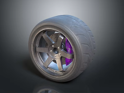 Car Tire With Silver Wheel Rim And Purple Brake Caliper Design 3d model