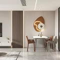 Minimalist Living and Dining Room With White Sofa Round Coffee Table Circular Chandelier Decorative Painting