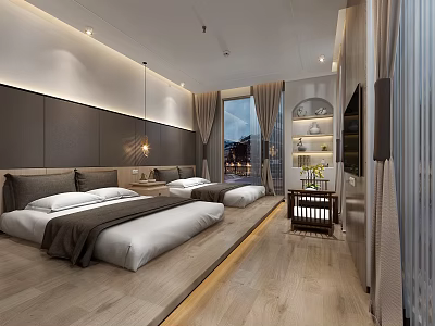 Modern Hotel Guest Room Interior Design With Double Beds Large Window And City View 3d model