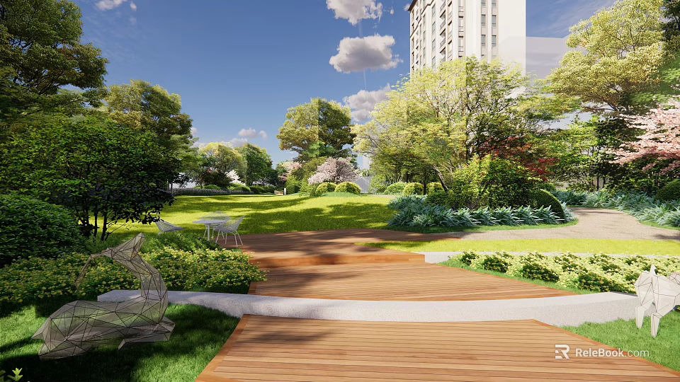 Garden Landscape Design With Wooden Pathway Lush Greenery Trees And Lawn Area 3d model 