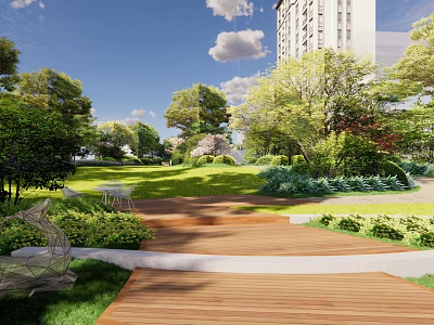 Garden Landscape Design With Wooden Pathway Lush Greenery Trees And Lawn Area 3d model