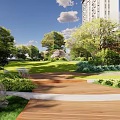 Garden Landscape Design With Wooden Pathway Lush Greenery Trees And Lawn Area