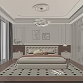 Modern Bedroom Interior With Large Bed Chandelier Nightstands Green Plant And Geometric Rug