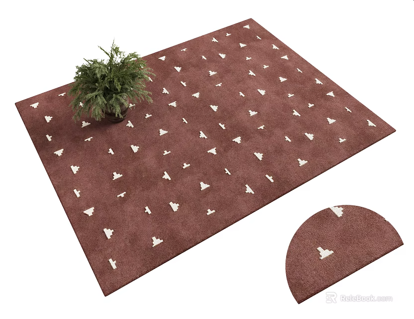 Brown Square Rug With White Small Patterns And Semicircular Mat With Potted Plant 3d model