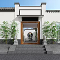 Traditional Chinese Garden Landscape With Courtyard Stone Paving Circular Window And Maple Trees