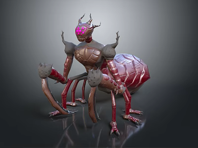 Red Metallic Ant Like Game Movie Character With Glowing Pink Eyes And Armored Body 3d model