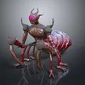 Red Metallic Ant Like Game Movie Character With Glowing Pink Eyes And Armored Body