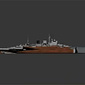 Warship 3D Model With Red and Gray Hull Deck and Turrets Design