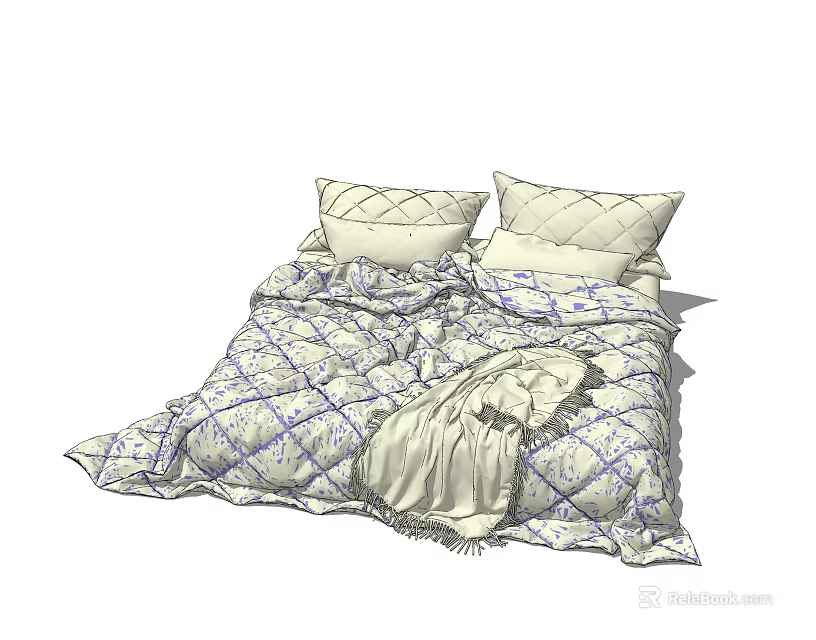 Double Bed With Patterned Quilt Decorative Pillows And Throw Blanket In Bedroom 3d model