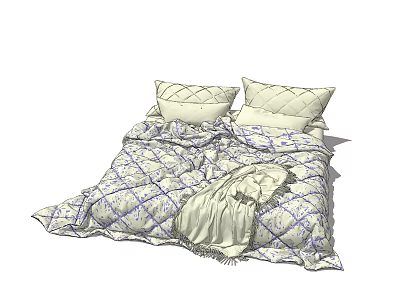 Double Bed With Patterned Quilt Decorative Pillows And Throw Blanket In Bedroom 3d model