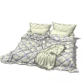 Double Bed With Patterned Quilt Decorative Pillows And Throw Blanket In Bedroom 3d model