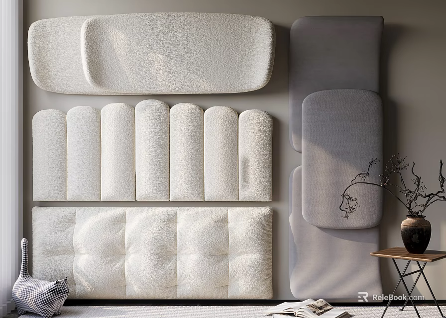 Various Styles Modern Upholstered Headboards In White Gray With Side Table Vase 3d model 