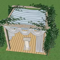 Wooden Arbor Decorated With Green Vines White Drapes And Wooden Floor On Grass Lawn
