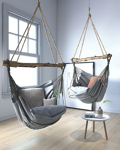 Indoor Hanging Hammock Chairs With Wooden Bars Rope Woven Design And Gray Cushions 3d model