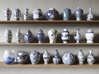 Various Blue and White Ceramic Vessels Neatly Arranged on Wooden Shelves 3d model