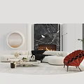 Modern Sofa and Coffee Table Set With White Sofa Red Chair Green Ottoman and Fireplace