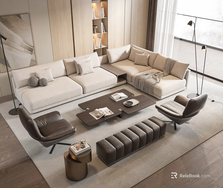 Modern Light Beige Fabric L Shaped Sofa With Dark Coffee Table Accent Chairs And Ottoman 3d model 