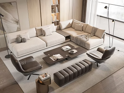 Modern Light Beige Fabric L Shaped Sofa With Dark Coffee Table Accent Chairs And Ottoman 3d model