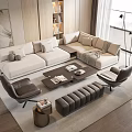 Modern Light Beige Fabric L Shaped Sofa With Dark Coffee Table Accent Chairs And Ottoman