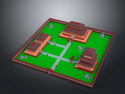 Traditional Architectural Square Layout With Green Lawn Cross Paths And Stone Decorations 3d model