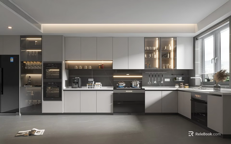 Modern Kitchen Interior Design With Gray Cabinets Island Counter And Appliances 3d model 