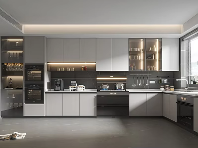 Modern Kitchen Interior Design With Gray Cabinets Island Counter And Appliances 3d model