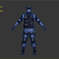 Standing Humanoid Character In Blue Tactical Gear With Protective Vest Helmet And Knee Pads