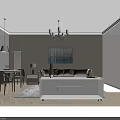 Modern Living And Dining Room Interior With Gray Sofa Coffee Table And Chandelier