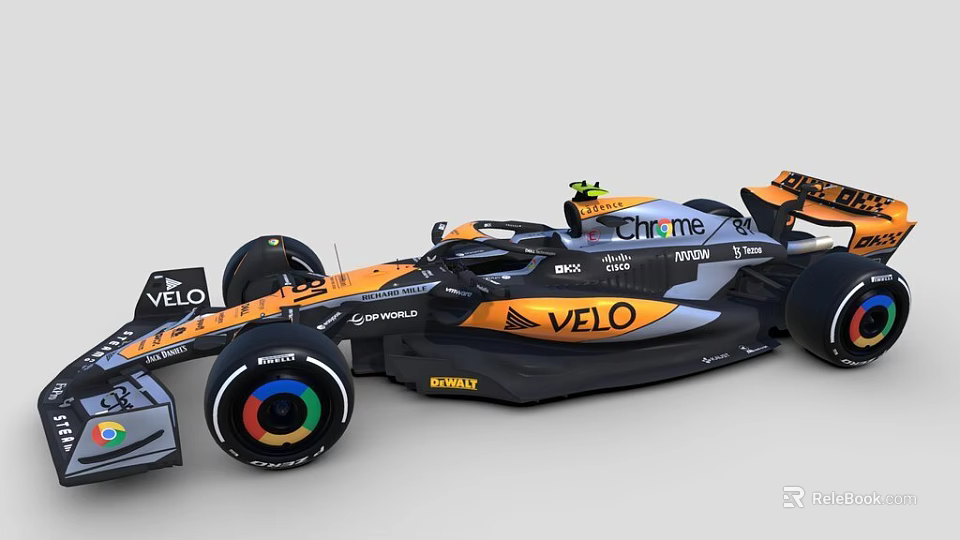 Orange And Black Formula 1 Racing Car With Velo Chrome Sponsors And Colorful Wheel Rims 3d model 