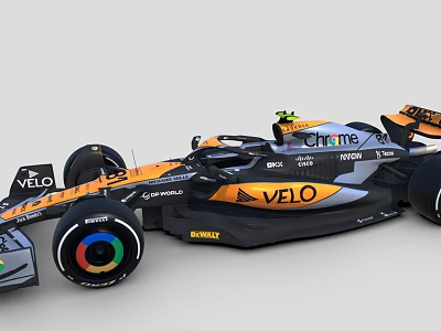 Orange And Black Formula 1 Racing Car With Velo Chrome Sponsors And Colorful Wheel Rims 3d model