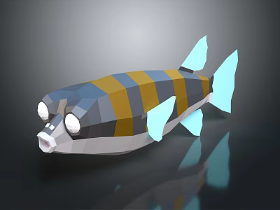 Low Poly Fish With Blue Yellow Gray Stripes Light Blue Fins Tail And White Eyes 3d model
