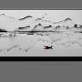 Ink Wash Style Landscape Painting With Misty Mountains Reflections Red Boat And Flying Birds