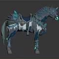 Mythical Blue Horse 3D Model With Glowing Armor And Decorative Saddle